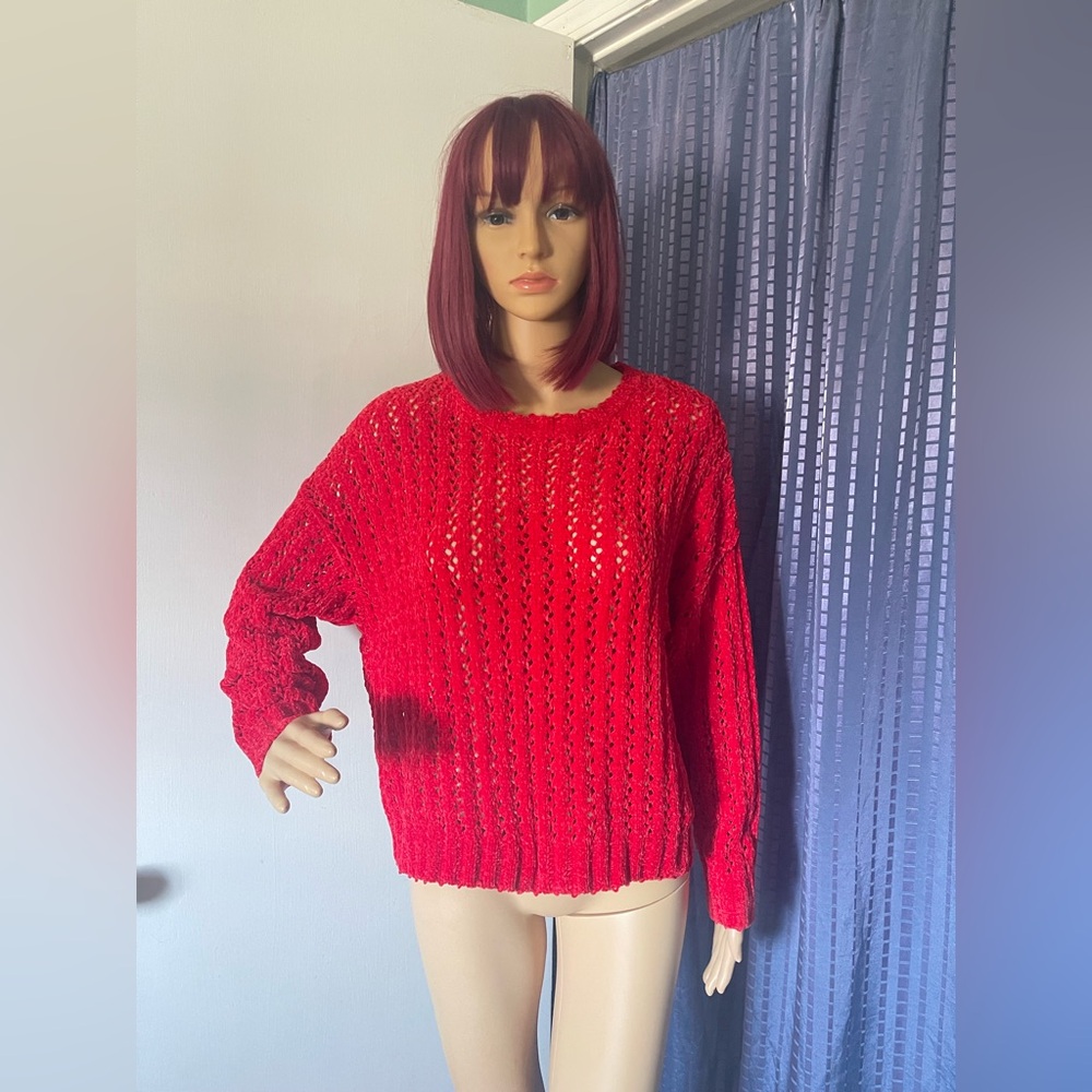 POOF APPAREL  Chenille Sweater Red Polyester Knit Pullover M Vintage